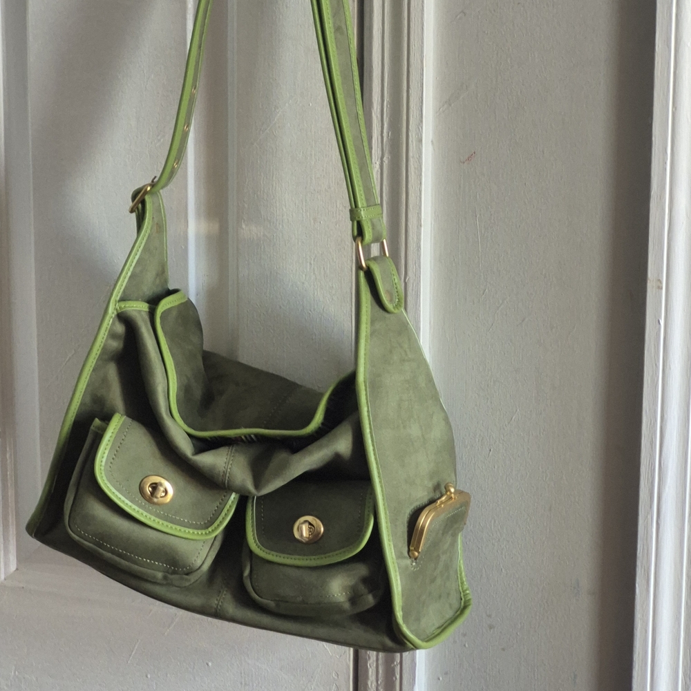 Green Suede Shoulder Bag with Gold Accents